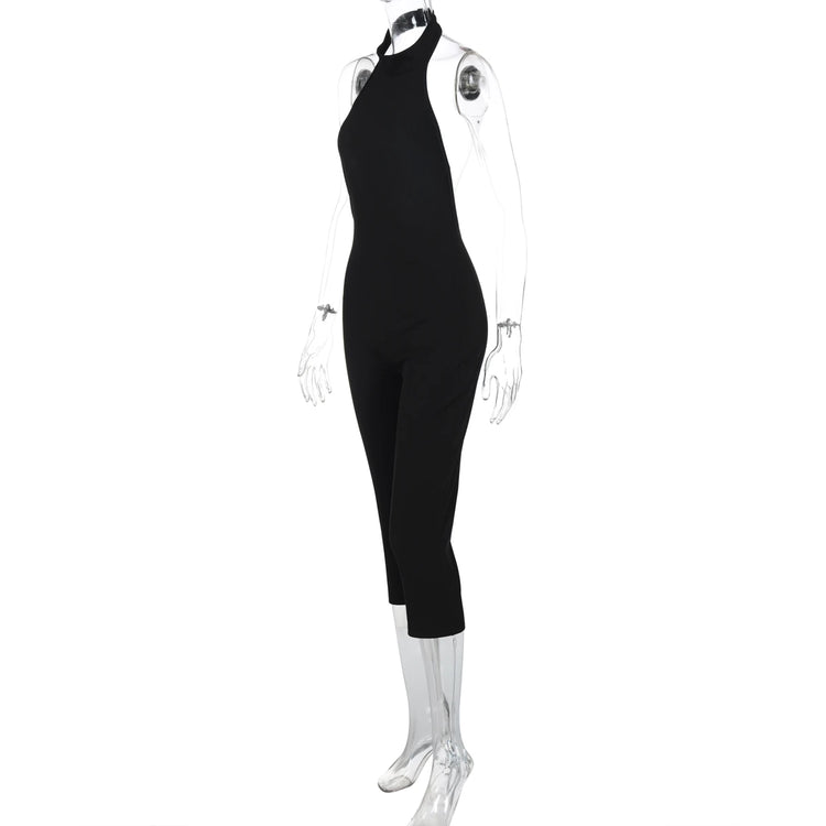 Hugcitar Ribbed Halter Backless Solid Button Sexy Bodycon Skinny Jumpsuit Summer Women Fashion Vacation Romper Streetwear Club