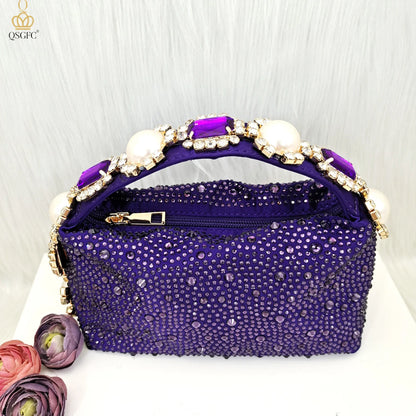QSGFC 2023 New Fashion Purple Sandals Sequins Rhinestone Point Toe High Heels Slingback Women's Dress Women's Shoes & Bag Set