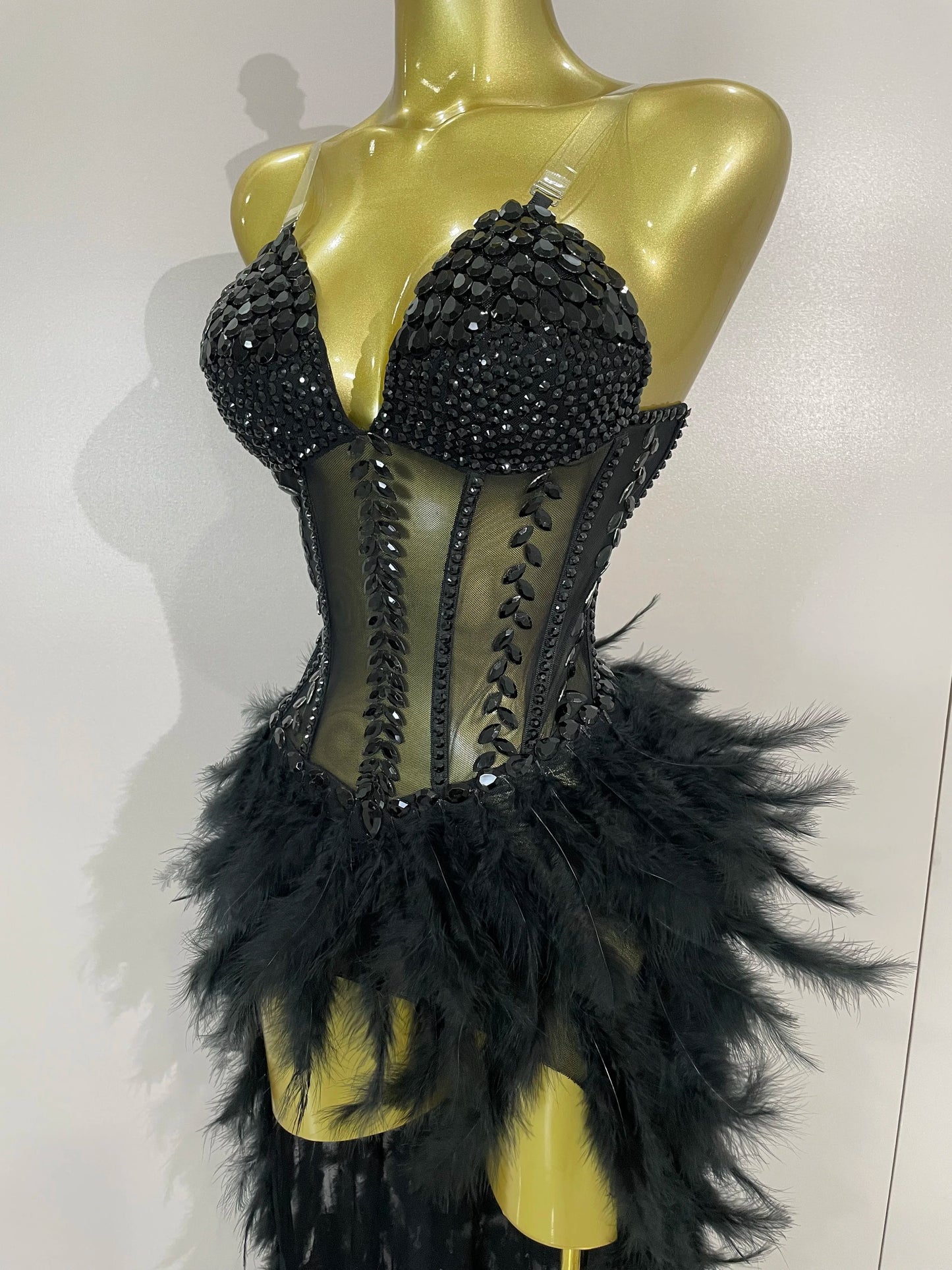 Luxury Sparkly Rhinestones Feathers Long Tail Dress Sexy Mesh Transparent Stage Bodysuit Evening Party Celebrate Birthday Dress