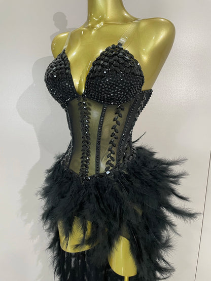 Luxury Sparkly Rhinestones Feathers Long Tail Dress Sexy Mesh Transparent Stage Bodysuit Evening Party Celebrate Birthday Dress