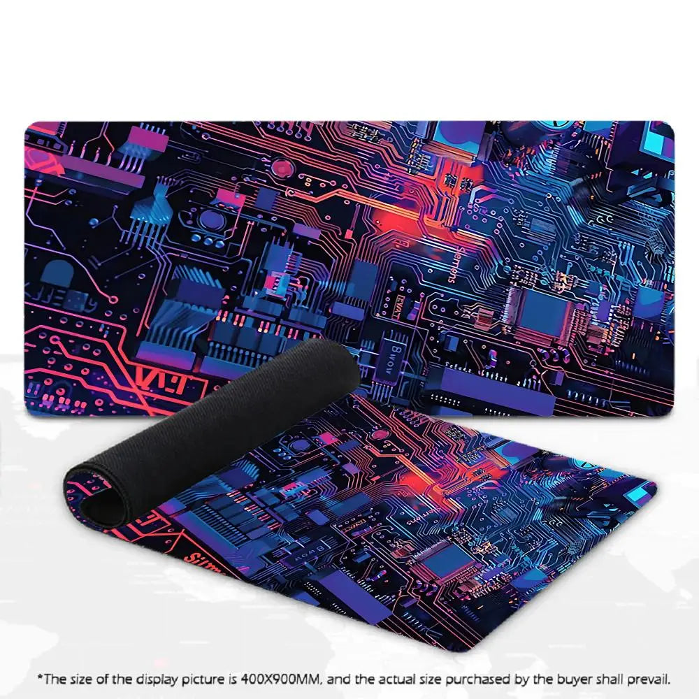 Large Gaming Mouse Pad Futuristic Tech Circuit Board Neon Chip XXL Non-Slip Rubber Keyboard Deskmat Electronic Office Table Mat
