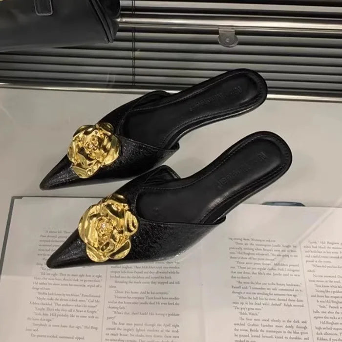 Flower Women Flats Slippers Pointed Toe Elegant Mules Shoes Fad Slingback Sandals 2025 Summer New Luxury Flip Flops Mujer Slides
