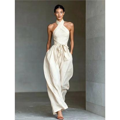 2026 High Waist Tie-up Wide Leg Pants Jumpsuit Woman Sexy Criss Cross Halter Backless Zips Romper Summer Solid Office Overalls