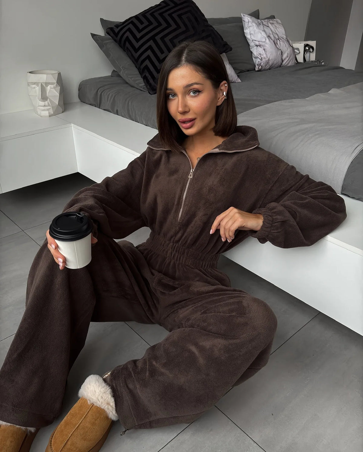 FSMG Casual Long Sleeve Half-Zip Sports Jumpsuits Women's Solid Loose Lapel Elastic Waist Tracksuits Comfy One-Piece Lounge Set