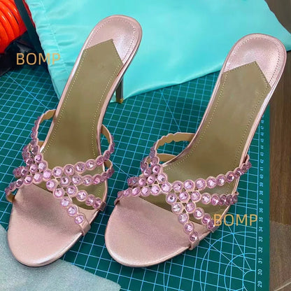 Fashionable Satin Pointed Toe Crystal High Heel Slippers Diamond Stiletto Sandals Luxury Sexy Design for Party Wedding Occasions