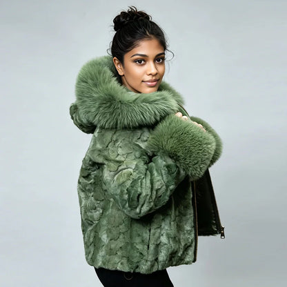 Woman's Section Mink Fur Jacket With Fox Collar Cuffs Hooede Fur Jacket Real Fur Zippered Jacket High Quality Natural Fur Coat