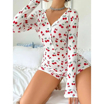 Summer Pajamas Onesies Women's Sexy Bodysuit Casual Cherry Print V-neck Front Button Long Sleeve Slim Fit Jumpsuit Sleepwear