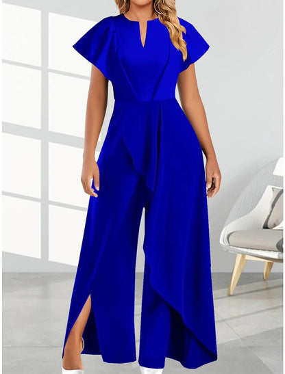 2024 Summer New Elegant Women's V-neck Irregular Jumpsuit Solid Color Short Sleeved Long Style Banquet Women's Jumpsuit