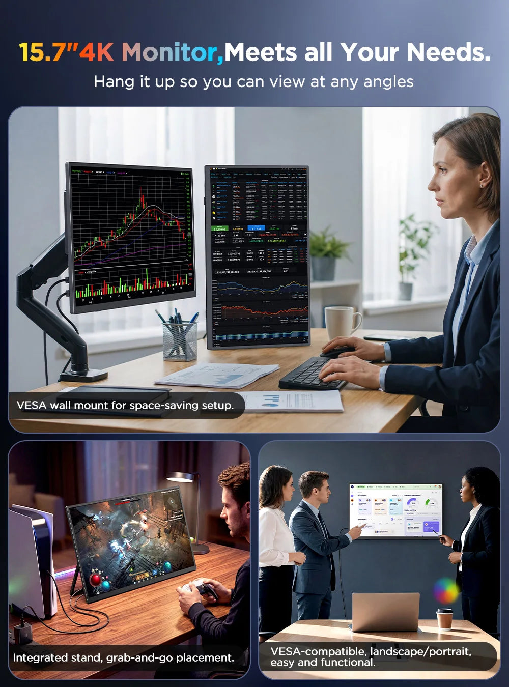 UPERFECT 15.7' 4K Touchscreen Portable Monitor 100%sRGB UHD W/VESA & Stand Ultra-Slim FreeSync HDR Gaming Display for Steam Deck