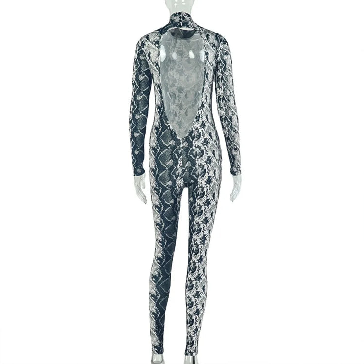 FLARORA Vintage Serpentine Printing Jumpsuits Woman Trend Turtleneck Full Sleeve Skinny Peach Hip Night Party Clubwear Overalls