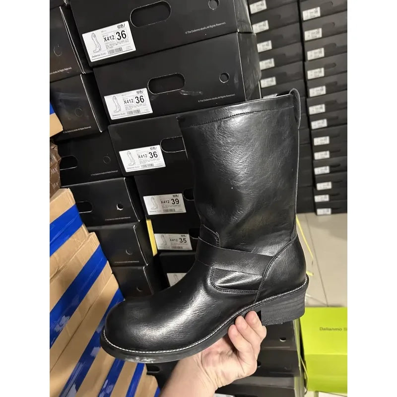 Retro Men's Genuine Leather British Long Chelsae Boots Knee High Buckle Strap Riding Botas Moto Thick Heel Engineer Boots