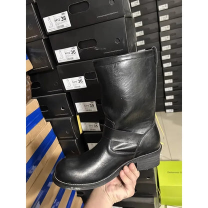 Retro Men's Genuine Leather British Long Chelsae Boots Knee High Buckle Strap Riding Botas Moto Thick Heel Engineer Boots