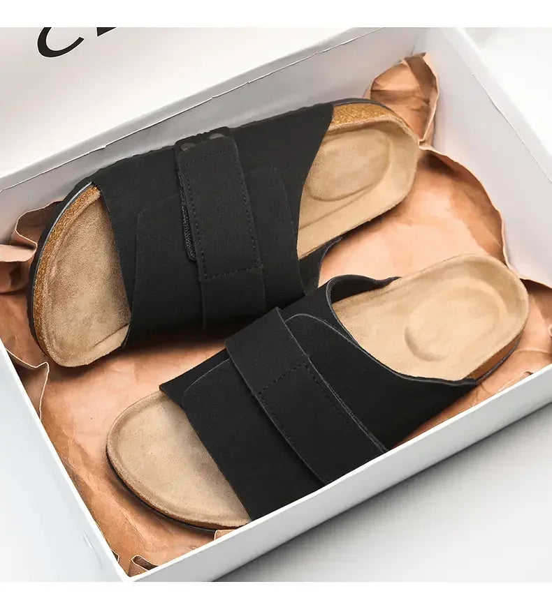 Cork Slippers Men Summer Beach Slides Suede Leather Womens Flat Sandals Fashionable Outdoor Male Mules Non Slip Babouche Femm