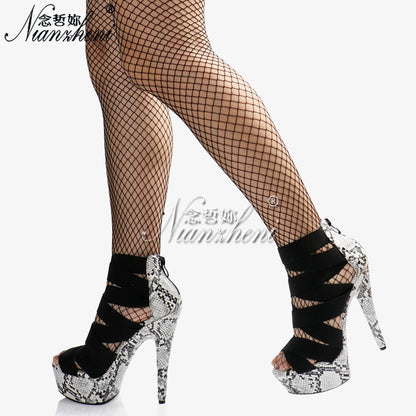 Snake skin 15cm High Heels Stripper 7inches sandals platform open toe pole dancing gladiator peep toe shoes Roman Exotic Dancer