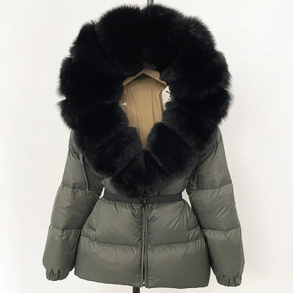 Hot Sale Women Luxury Black Down Jacket Waist‑Cinched Design High‑End Elegant Real Big Fox Fur Hooded Collar Winter Outerwear