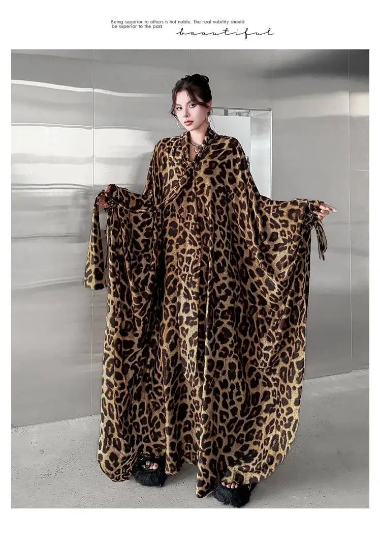 Leopard Print Loose Bat-sleeve Dress Women Summer Stand-up Collar Tie-waist Oversize Slimming Casual Long Dress XY420