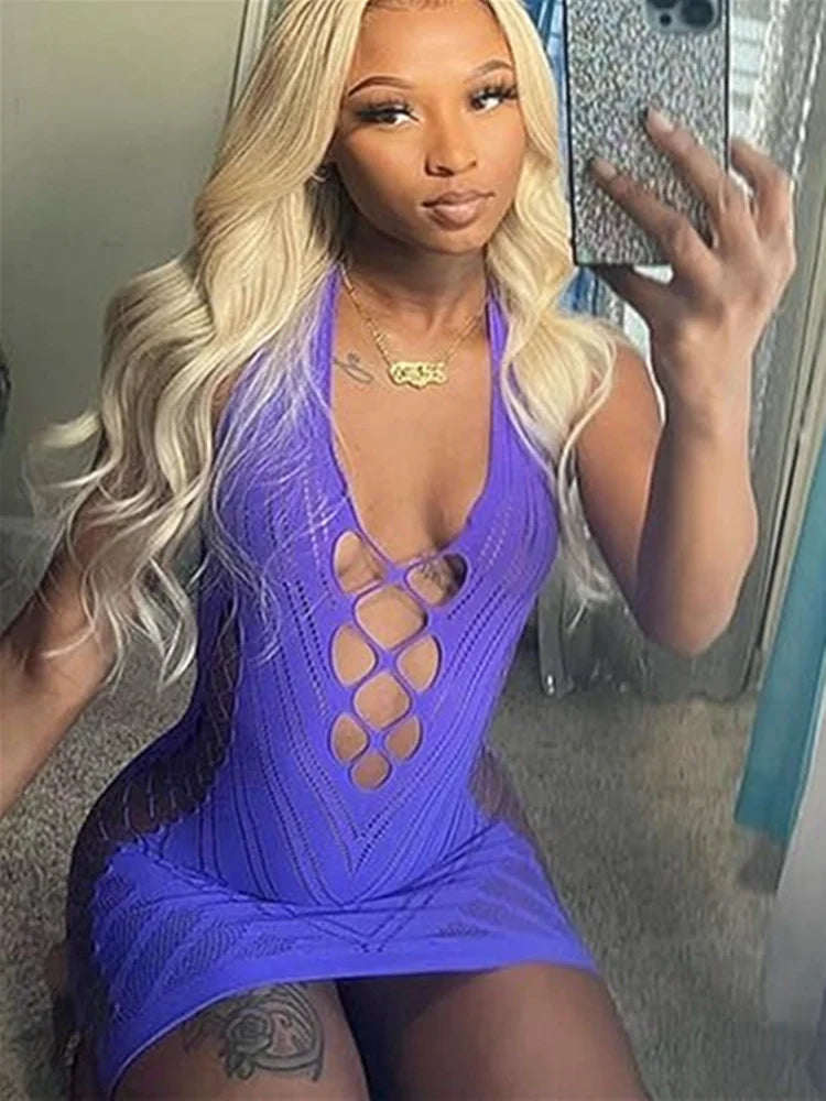 Women Sexy Halter Backless Slim V-neck Wrap Black Party Night Club Mini Dress Sleeveless Hollow Bodycon Skirt