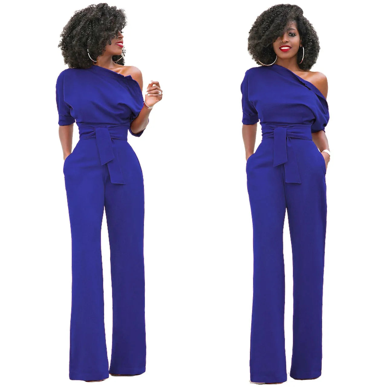 2024 Summer New Fashion Women's Jumpsuit Solid Color Slanted Shoulder Elegant Temperament Sleeveless Long Wide Leg Jumpsuit