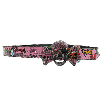 Big Skull Punk Black Rhinestone Belt Ladies Designer Belt Diamond Soldier Belt Western Cowboy Y2K Fashion Belt Hip Hop Graffiti