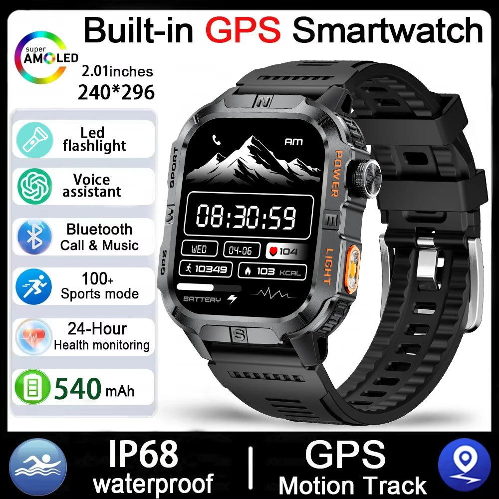 2026 New Outdoor Military Men's Smartwatch Is Equipped With GPS LED Lighting, A Compass, Wireless Communication, IP68 Waterproof