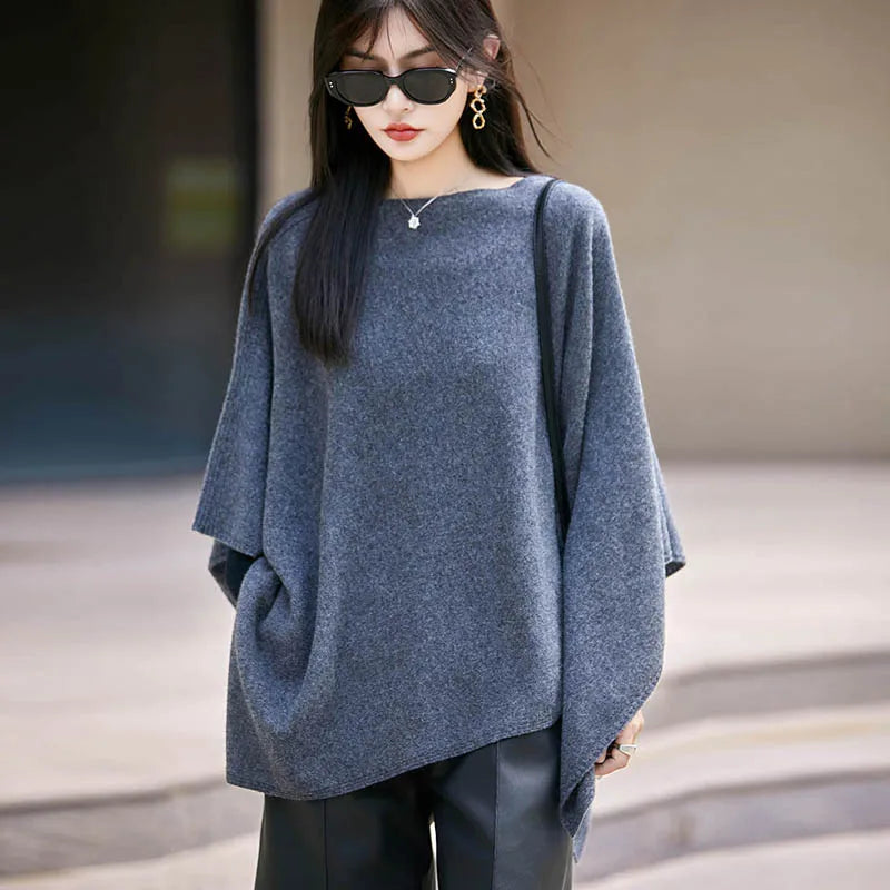 Autumn New 100% Merino Wool Shawl Pullover For Women Soft Solid Cashmere Knitwear Shawl Scarf Female Popular Sweater Grace Tops