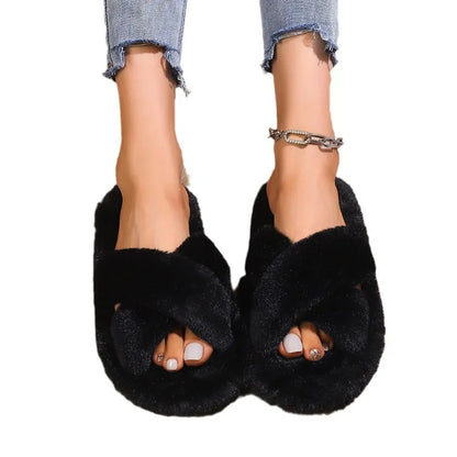 Women Open‑Toe Fuzzy Slippers Winter Autumn Thick Sole Non‑Slip Fluffy House Maternity Slippers Indoor Outdoor Wear