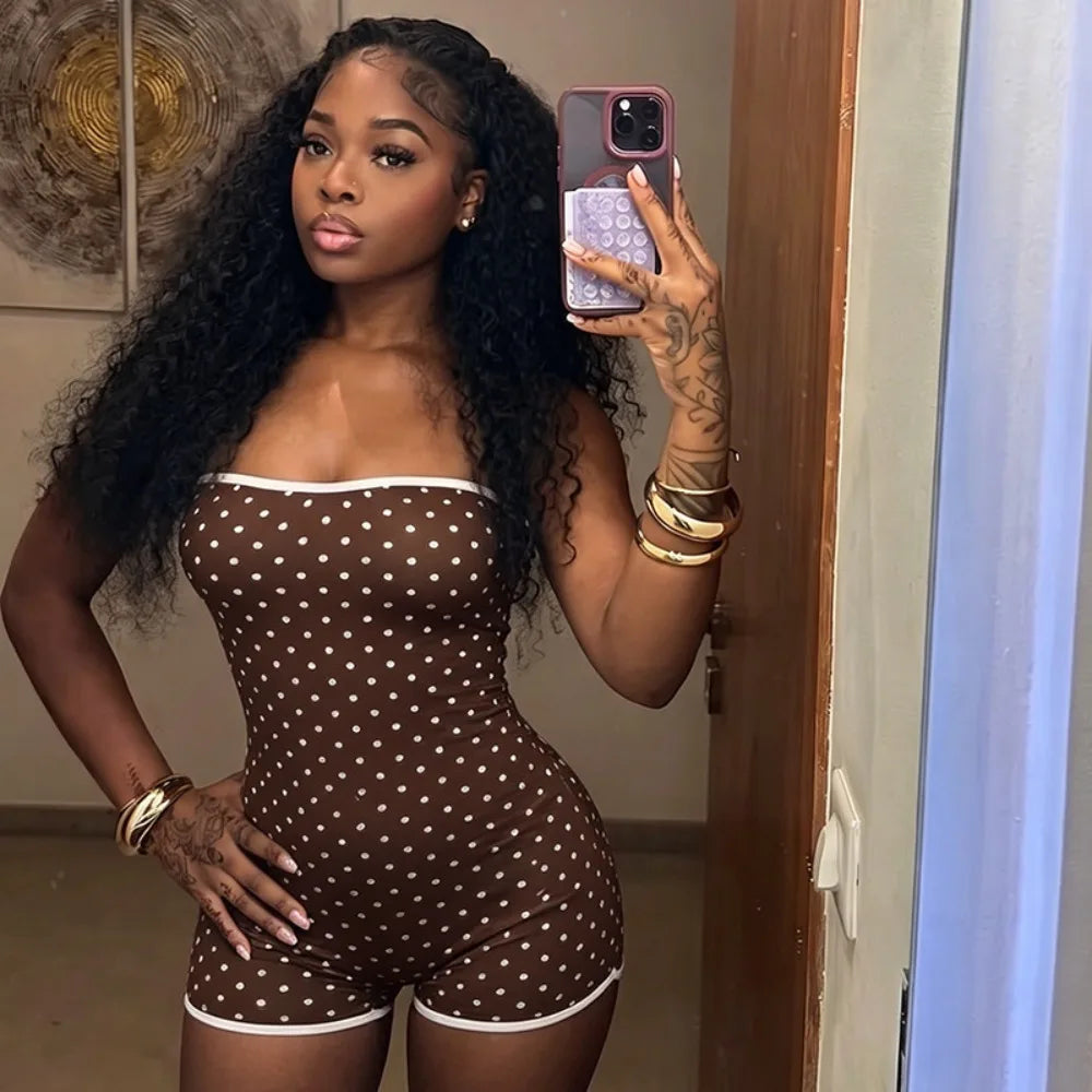 FLARORA Sexy Polka Dot Print Rompers Woman Off Shoulder Sleeveless Backless Skinny Peach Hip Playsuits Hottie Trend Streetwear