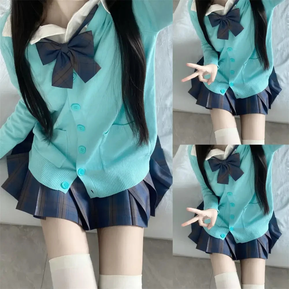 3Pc Set Japanese Korean School Uniforms Multicolor Sweater&Plaid Pleat Skirt with Bow Jk Uniform Suit Graduation Costumes Women