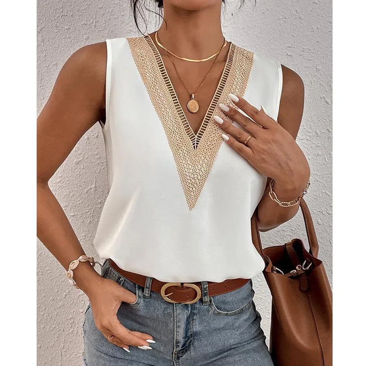 Sleeveless V-neck Lace Parchwork Blouse Women Loose Hollow Out Summer Tee Shirt Casual Streetwear Tsnk Top
