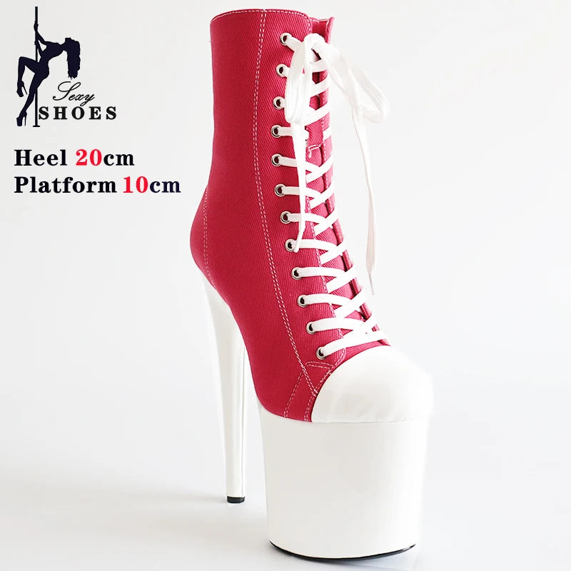 15 17 20cm Super High Nightclub Platform Heels Strappy Canvas Women's  Ankle Boots Sexy Round Toe Pole Dance Shoes Ladies Boots