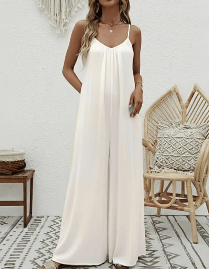 Women's Apricot Spaghetti Strap Jumpsuit V Neck Wide Leg Loose Fit Casual Spring Summer Beach Vacation Boho Fashion Romper