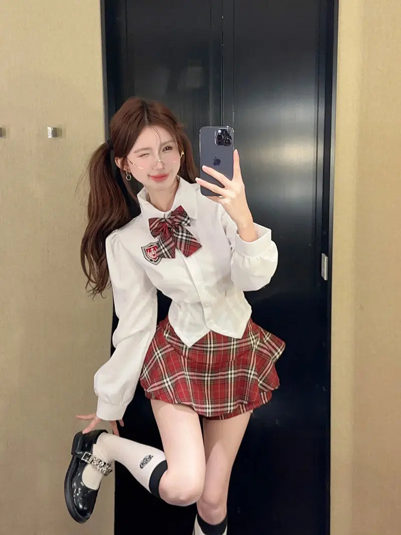 2025 improved cute sexy korea jk suit women autumn jk school uniform women shirt plaid pleated half skirt fashion two-piece set