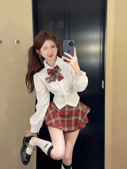 2025 improved cute sexy korea jk suit women autumn jk school uniform women shirt plaid pleated half skirt fashion two-piece set