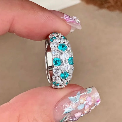 luxury 18K white gold and platinum PT950 Paraiba half-circle full-set diamond ring for women's baby's breath high jewelry