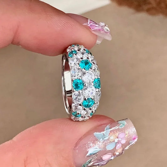 luxury 18K white gold and platinum PT950 Paraiba half-circle full-set diamond ring for women's baby's breath high jewelry