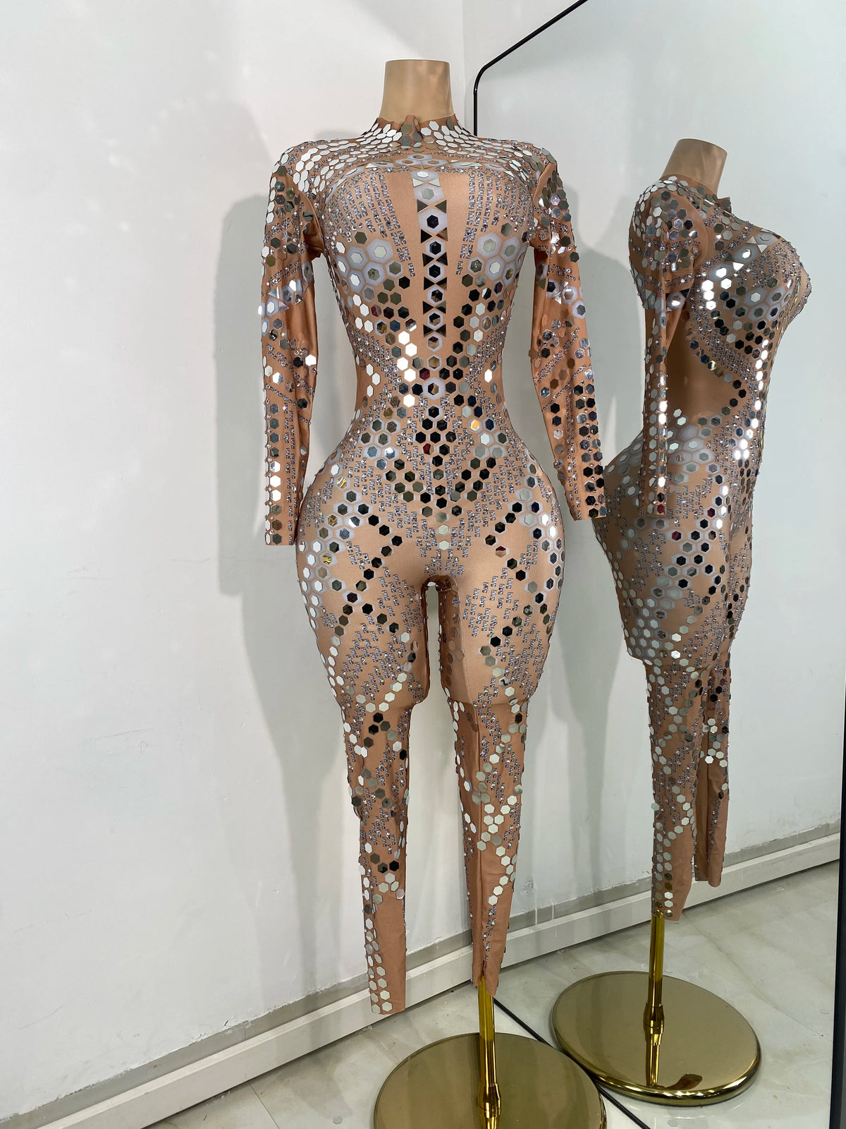 Women Sexy Spandex Tight Jumpsuit Long Sleeve Mirrors Cosplay Costume Nightclub Dancer Outfit Performance Stage Wear