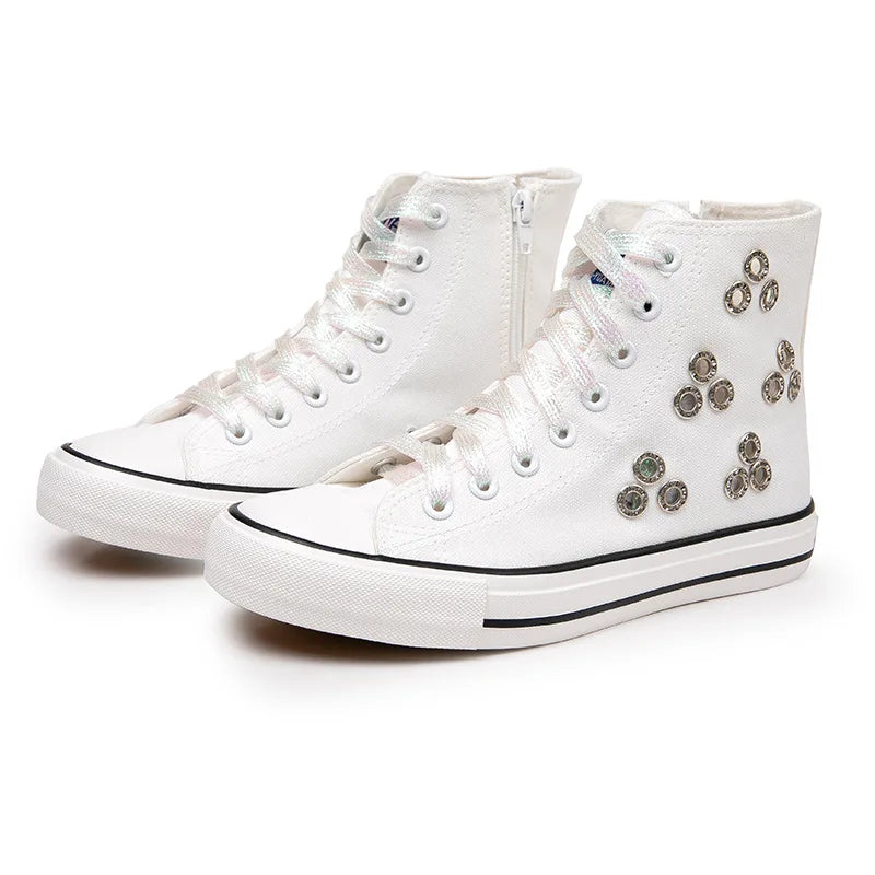 Breathable Hollow Canvas Short Boots Summer Women Black Casual Shoes Punk Rivet Flat Bottomed Shoes 2CM Woman High top Sneakers