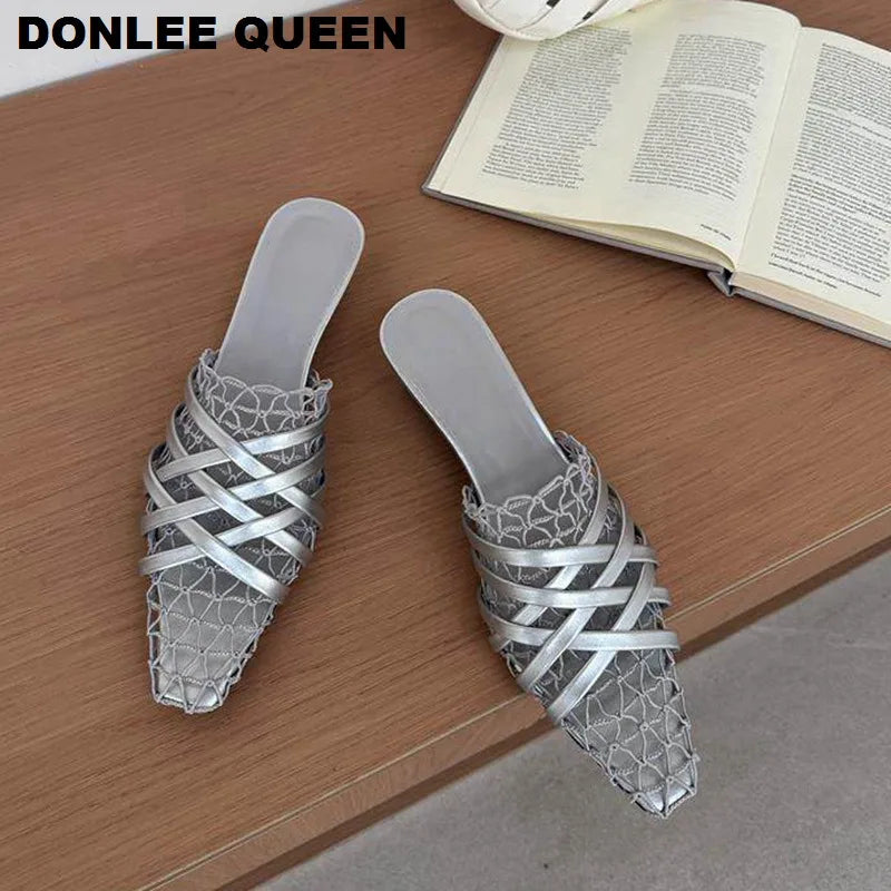 2026 Summer Luxury Fashion Designer Slippers Women Lace Mesh Square Toe Slip On Mule Slippers Low Heel Sandal Casual Shoes Muje