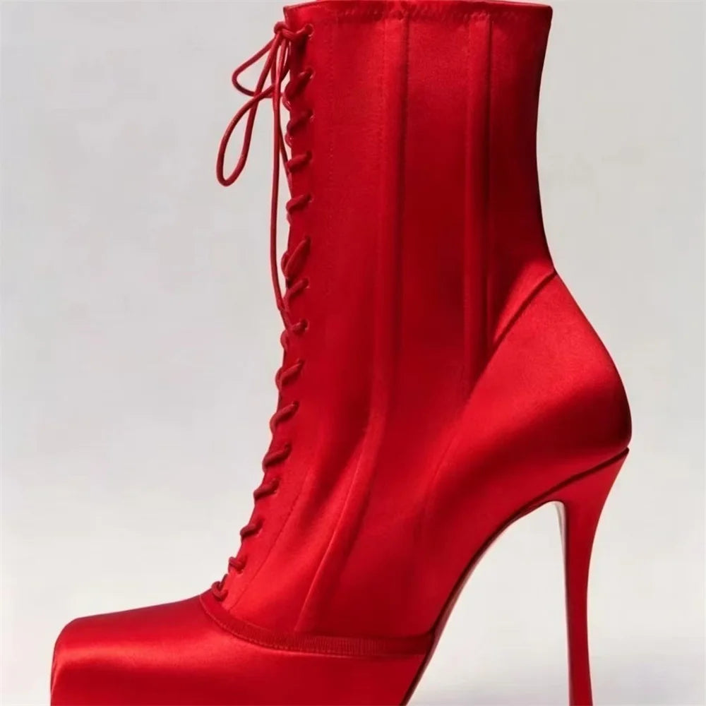 Women Square Toe Lace‑Up Ankle Booties Stiletto High Heels Platform Fashion Party Nightclub Ladies Dress Shoes Zapatos Mujer