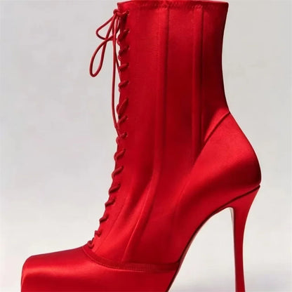 Women Square Toe Lace‑Up Ankle Booties Stiletto High Heels Platform Fashion Party Nightclub Ladies Dress Shoes Zapatos Mujer
