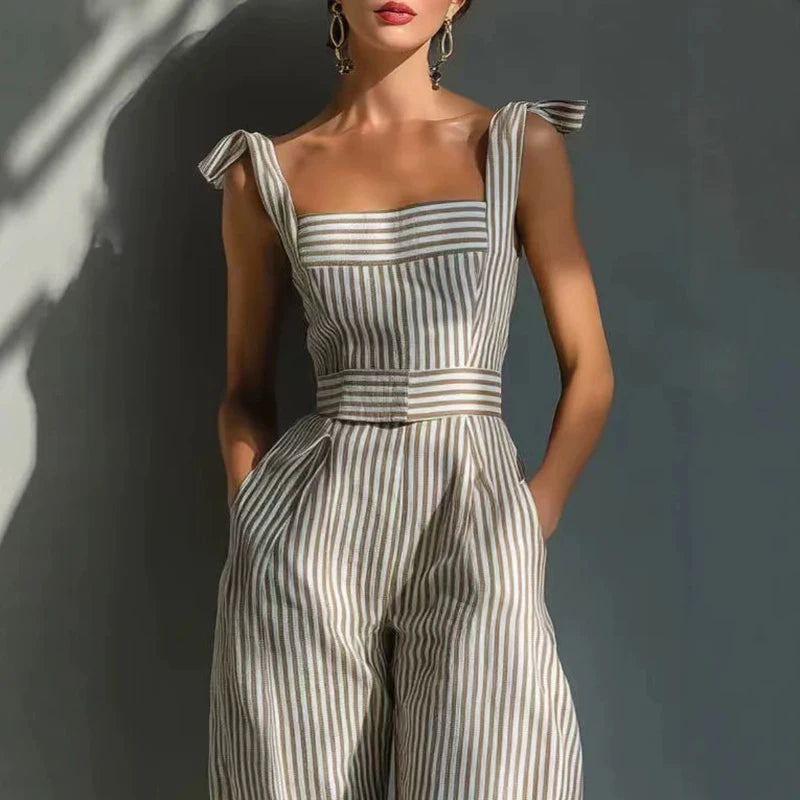 Casual Sleeveless Wide Leg Pants Romper Women Fashion High Waist Pocket Playsuits Elegant Striped Print Commute Long Jumpsuits