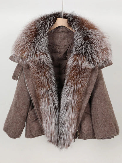 Maomaokong high-end Wool fabric Luxury Women's Big Fox Fur Collar Puffer Jacket Natural Fur down Coat Winter Thickened Warm
