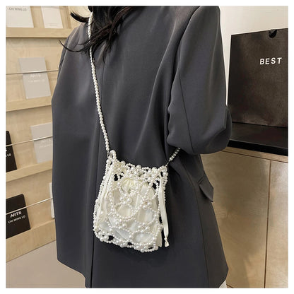 White Beading Bucket Shoulder and Crossbody Bags Exquisite Sense of Luxury Fresh Party Handbags for Women 2024 Fashion on Sale