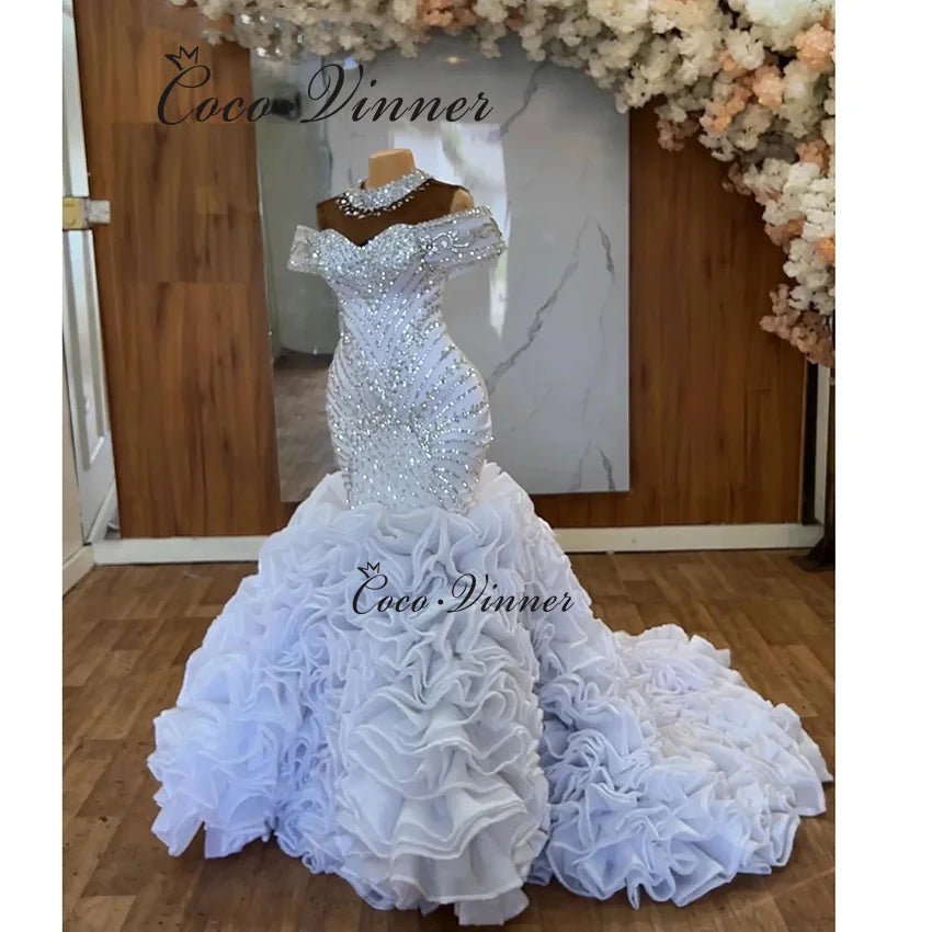 Customized Organza Ruffle Train Africa Mermaid Wedding Dress 2026 Off The Shoulder Sparkle Crystal Beaded Wedding Dresses W1499