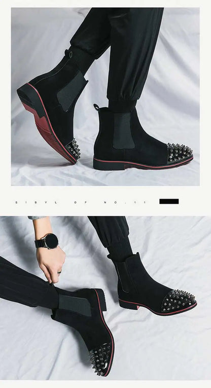 New Brown Men Chelsea Boots Flock Rivet Square Toe Red Sole Punk Handmade Men Short Boots  Bottes Pour Hommes