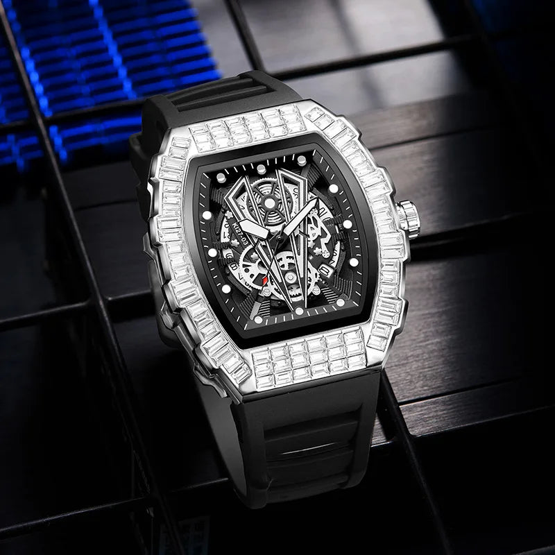 Classic Tonneau Full Diamond Case Quartz Watch Mens Fashion Top Casual Dial Rubber Personalize Watches  AAA Male Clock Relogio