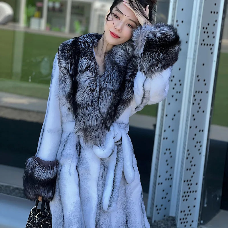 Winter Women Real Rabbit Fur Coat Long Natural Rabbit Fur Jacket Fox Fur Collar and Cuff Thick Warm Ladies Overcoat