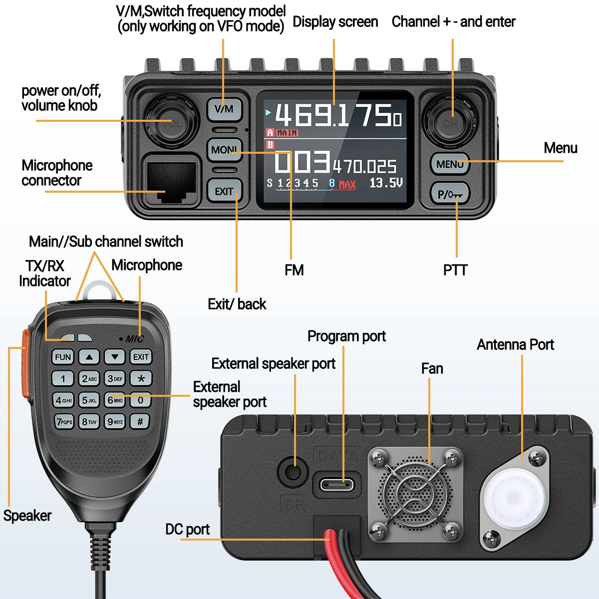 ABBREE AR-8118 Mini Mobile Radio 25W Dual Band VHF UHF 200CH Long Range NOAA VOX Clear HD Voice Dual PTT Car Radio