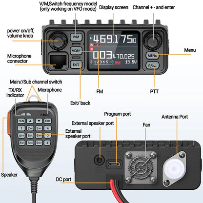 ABBREE AR-8118 Mini Mobile Radio 25W Dual Band VHF UHF 200CH Long Range NOAA VOX Clear HD Voice Dual PTT Car Radio