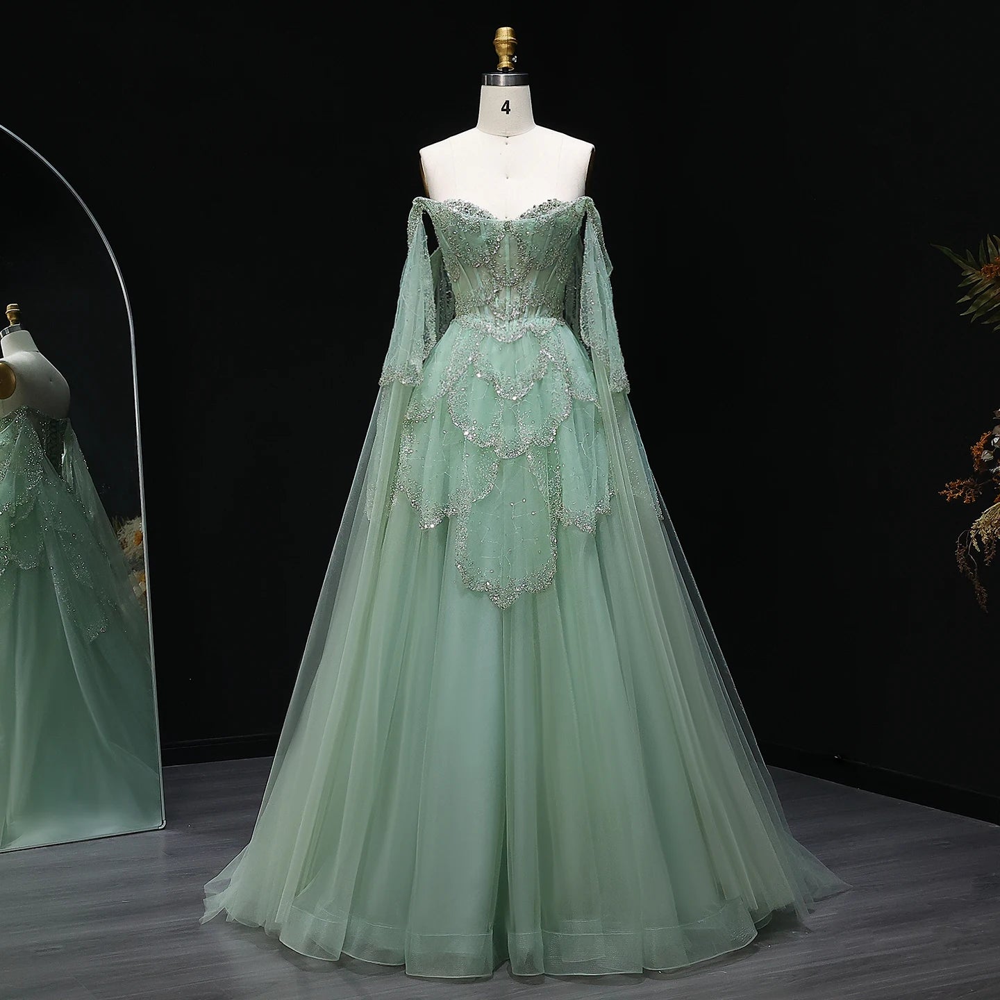Sharon Said Elegant Off Shoulder Sage Green Evening Dress with Cape Sleeves Sweetheart Luxury for Weddig Party SS215 Customized